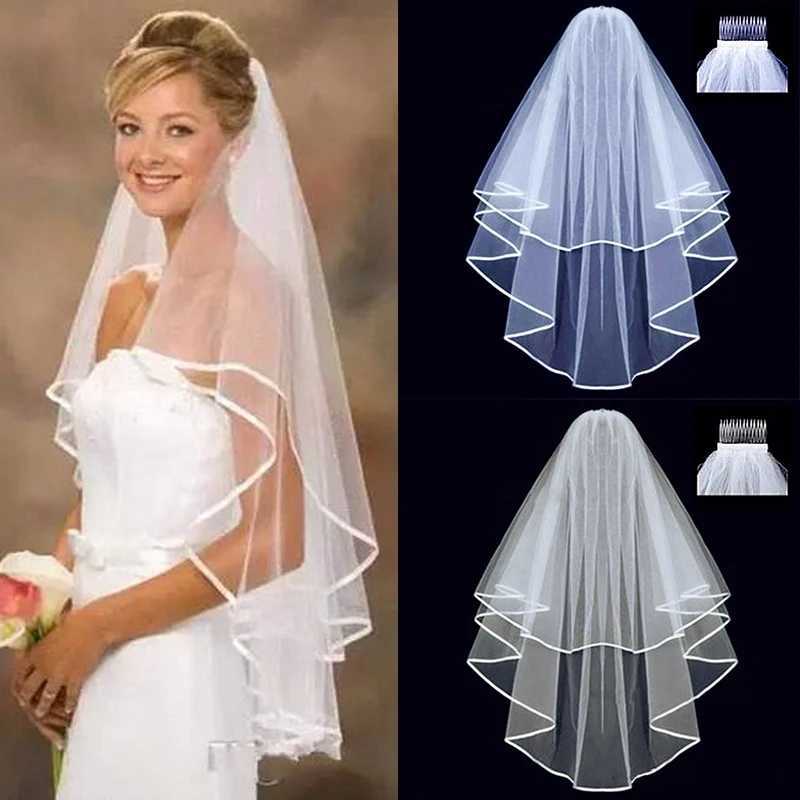 Jóias de cabelo de casamento Tulle curto Véu de noiva barato com Acessórios de casamento de venda de pente Mariage 2 camadas de marfim branco