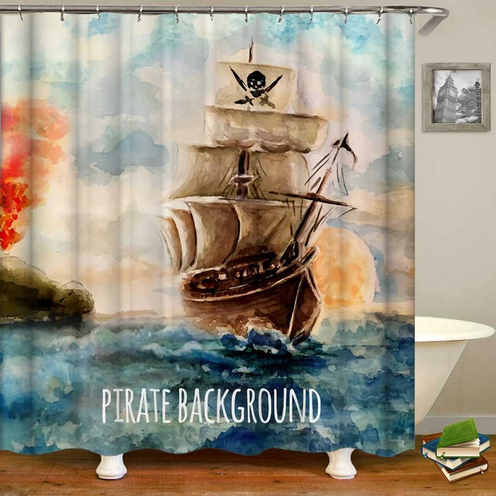 Shower Curtains Nautical Shower Curtain Steamship Hooks Fishing Lure Rods Fisherman Bathroom Decoration Waterproof Polyester Cloth Curtains Set