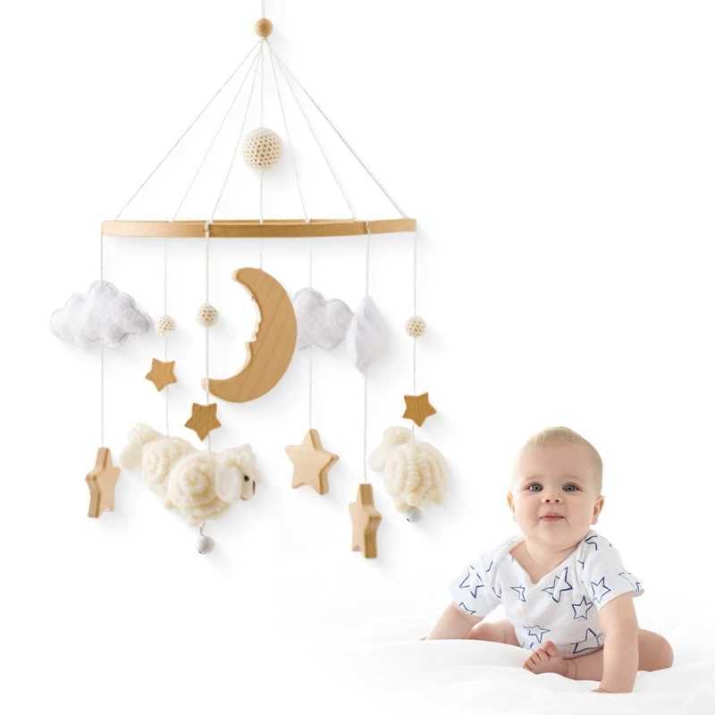 Mobiles # Wooden Baby Rattle Mobile 0-12mmonth Soft Felt Cartoon Sheep Star Moon Newborn Music Beld Hanging Bell Mobile Crib Bracket Toy D240426