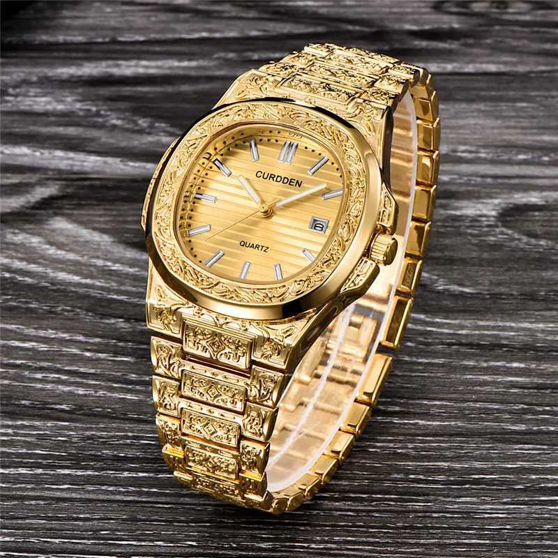 Montre-bracelettes masculines authentique Curdden Clock Clock Fashion Alloy Band Unique Arabesque Hip Hop Golden Date Designer Relojes Lujo Marcas Men Q240426