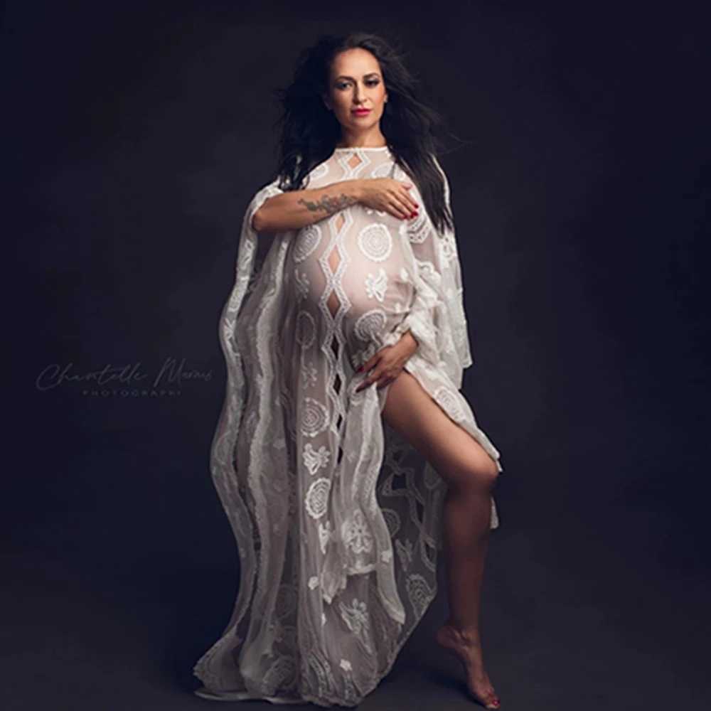 Maternity Dresses Lace hollow Bohemian maternity dress used for photo shoots Long Beach skiing womens wedding photography prop robe Q240427