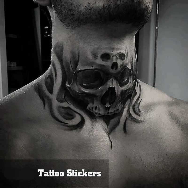 Tatuagem Transfer New Skull Neck Tattoo Ephemere Man Europeu e Americano Tattoo Escuro Personalidade Personalidade Cool Skull impermeável Tatuagens falsas Arte 240427