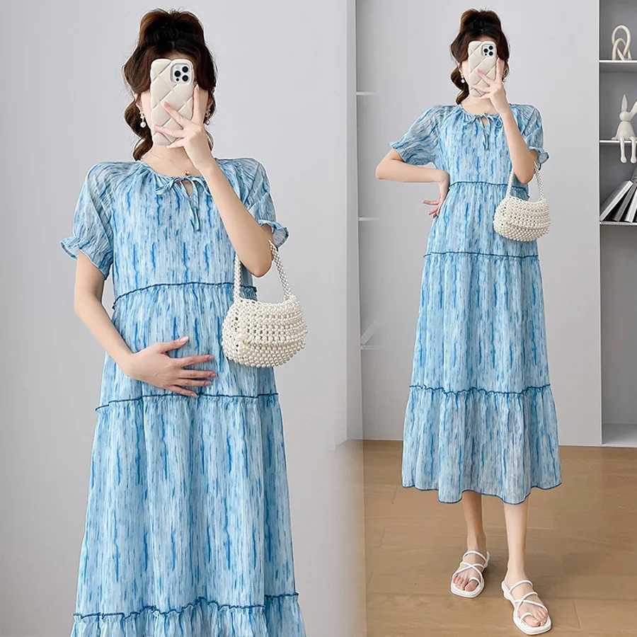 Maternity Dresses Pregnant Women French Vintage Dress 2023 New O-Neck Short/Long Sleeve Flower Elegant Tank Top Q240427