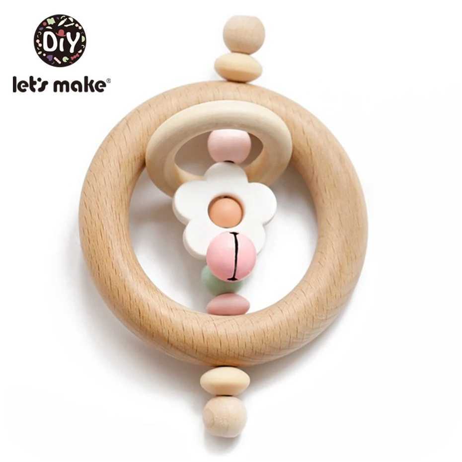 Mobiles # Wooden Racet Baby Toys Beech Bear Hand Dishing Wooden Ring Baby Rattles Play Gym Montessori Toy Troller