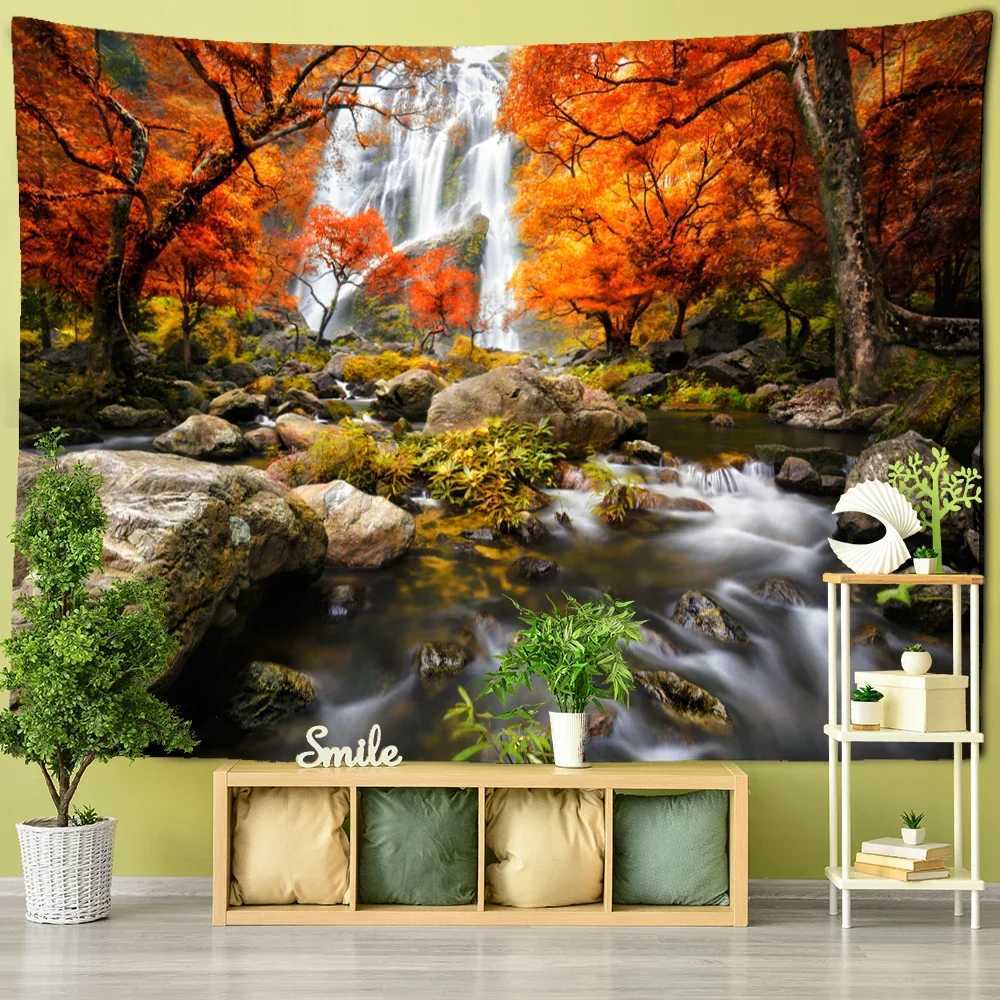 Tapestries Maple Leaf Forest and Waterfall Landscape Painting Tapestry Wall Hanging Art Nature Plant Boho Dormitory Living Room Decor