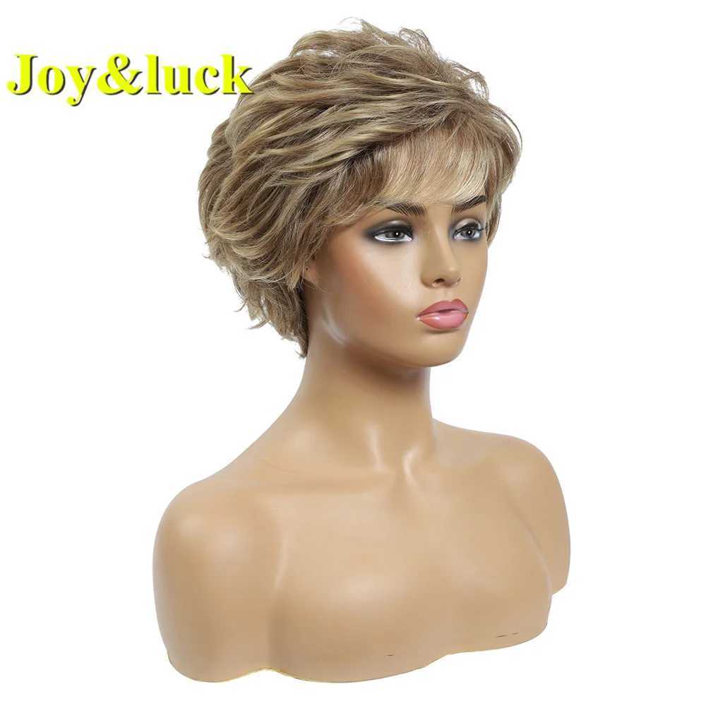 Synthetische pruiken Joy Luck Short Wig Brown Blend Golden Curly Synthetic geschikt voor vrouwen met een pony HiAr Q240427