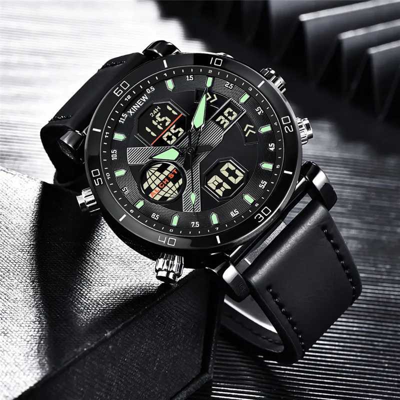 Wristwatches Men Genuine XINEW Brand Dual Time Digital es Fashion Leather Band Multi-function Military Sports Chronograph Vintage Q240426