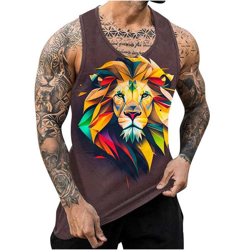 Herentanktops Nieuwe Lion 3D -geprinte heren tanktop Harajuku Animal Wolf Patroon Zomer Top Fitness Gym Spuscle Mouwloze shirtl2404