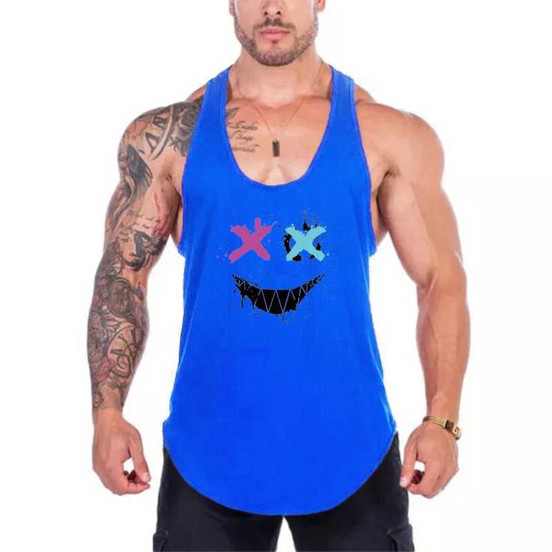 Men's Tank Tops Fashionable and humorous XX smiling face fitness vest mens bodybuilding sleeveless vest mesh quick drying racing back T-shirtL2404