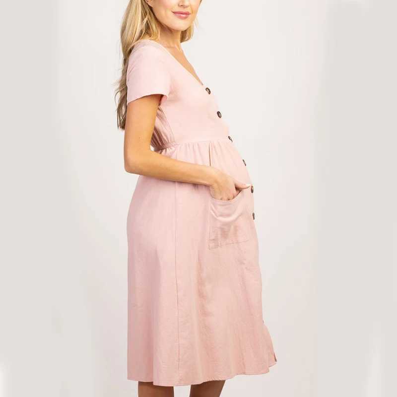 Vestidos de maternidad Button Pocket Embarazado Vestido para mujeres Ropa casual Algodón Summer de talla grande Posgrado Q240427