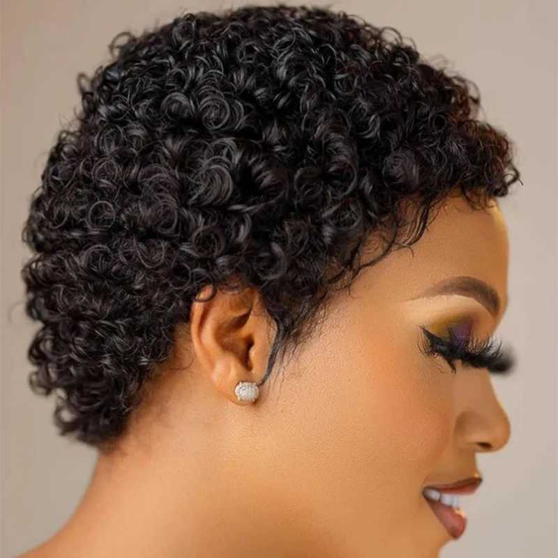 Synthetic Wigs Short twisted curly wig human hair elf cut Brazilian female natural black without film Q240427