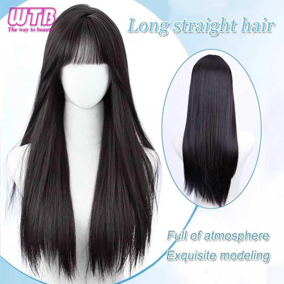 Perruques synthétiques wtb synthétique 65cm coréen longue perruque de cheveux raide naturel avec frange Q240427