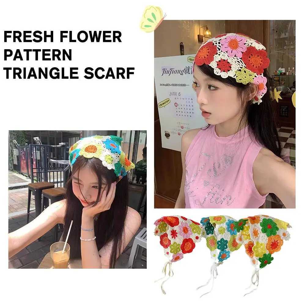 Bandanas Durag Fresh Flower Pattern Triangle Scarf Knitted Handmade Bag Cute Sunset Shoulder Strap Hooked Headband Hair Sweet Hat Headband Hol R4N9 240426