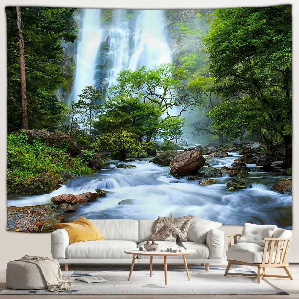 Tapestries Tropical Waterfall Landscape Tapestry Zen Green Bamboo Ocean Beach Palm Trees Island Scenery Garden Wall Hanging Home Room Decor