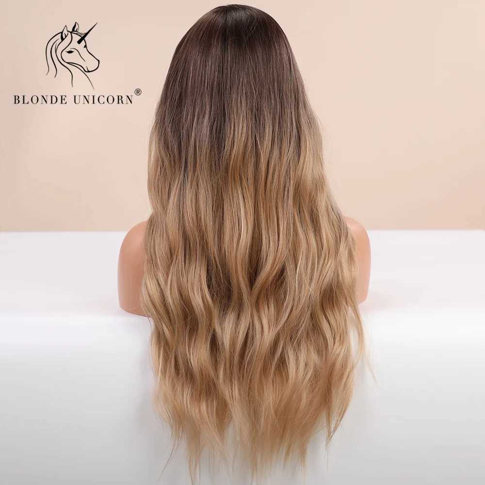 Synthetische pruiken goudharige eenhoorn synthetische pruik Ombre blond blond bruin lang gesplitste haar dames natuurgolf warmtebestendige vezel Q240427