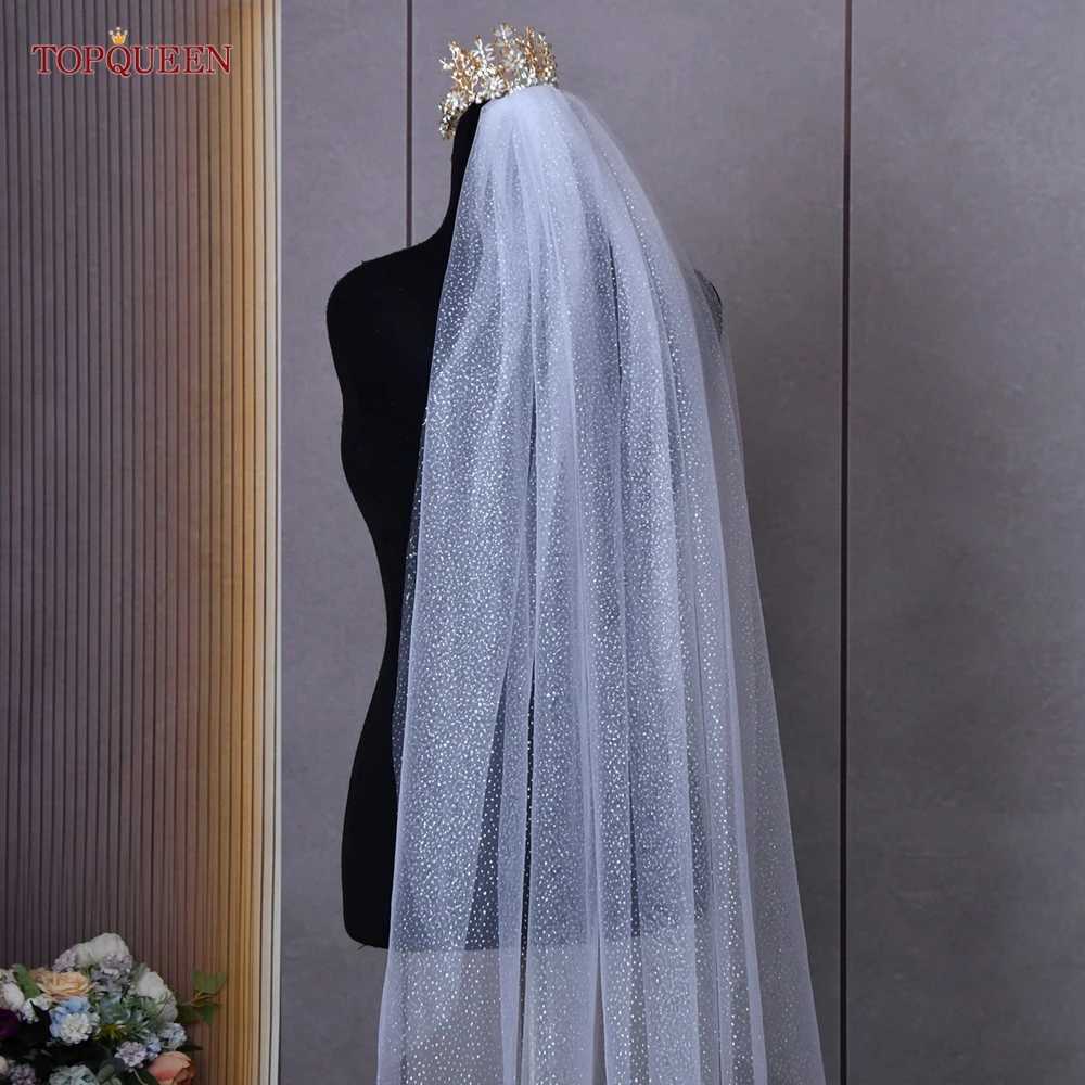 Wedding Hair Jewelry TOPQUEEN V101 Champagne Glitter Wedding Veils Gloden Sparking Bridal Veil 1 Tier Cathedral Length Bling Bride Accessories