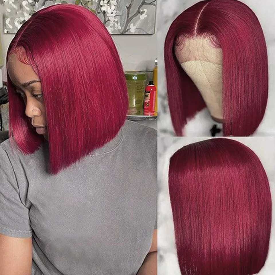 Synthetische Perücken Burgund Hd Transparent Short Bob Human Hair Peru Peru 99J Red Straight 13x6x1 Spitze vorne Q240427