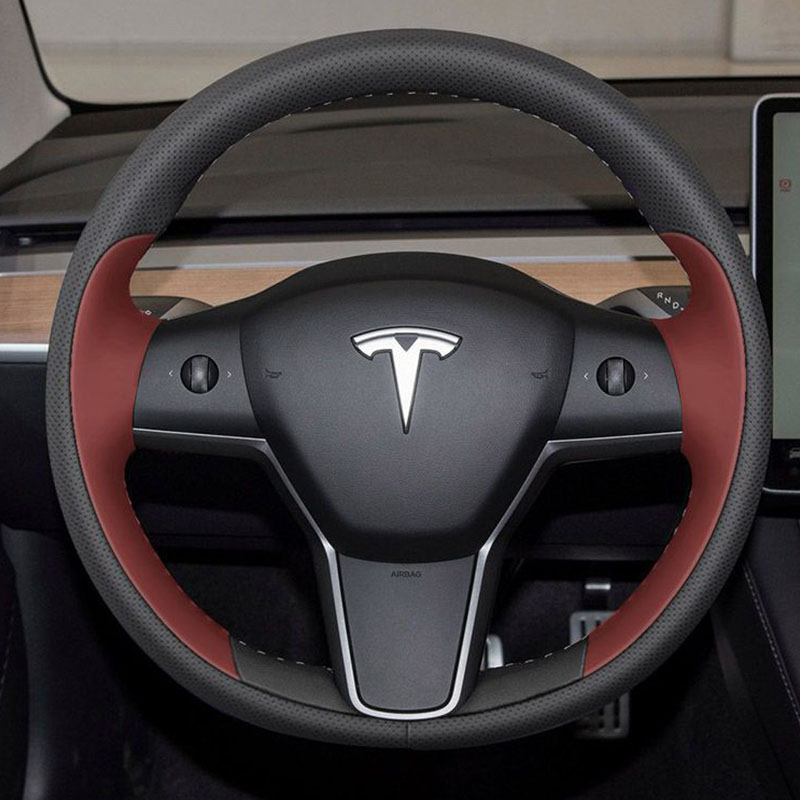 100% adequado para tesla modle3 modley 2019-2023 carros interiores de carro diy costurado à mão vermelha genuína couro não deslocamento