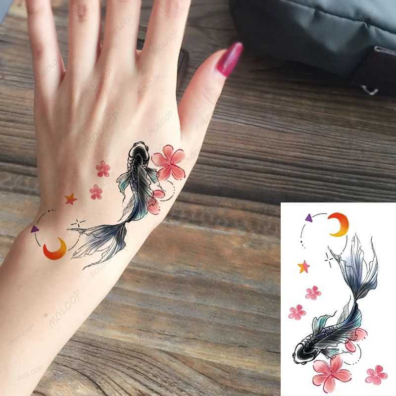 Tattoo Transfer Tattoo Aufkleber zum Glück Fischwal Heck Mond Blume gefälschte Tatto wasserdichte temporäre Hand Tatoo für Frauen Männer Make -up Art 240426