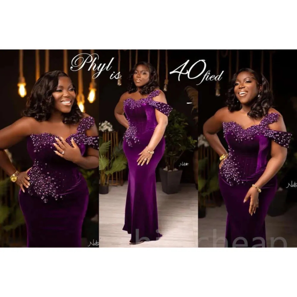 Sirène arabe aso ebi pourpre robes de bal perles satin soir fête formelle deuxième réception robes de fiançailles d'anniversaire plus taille