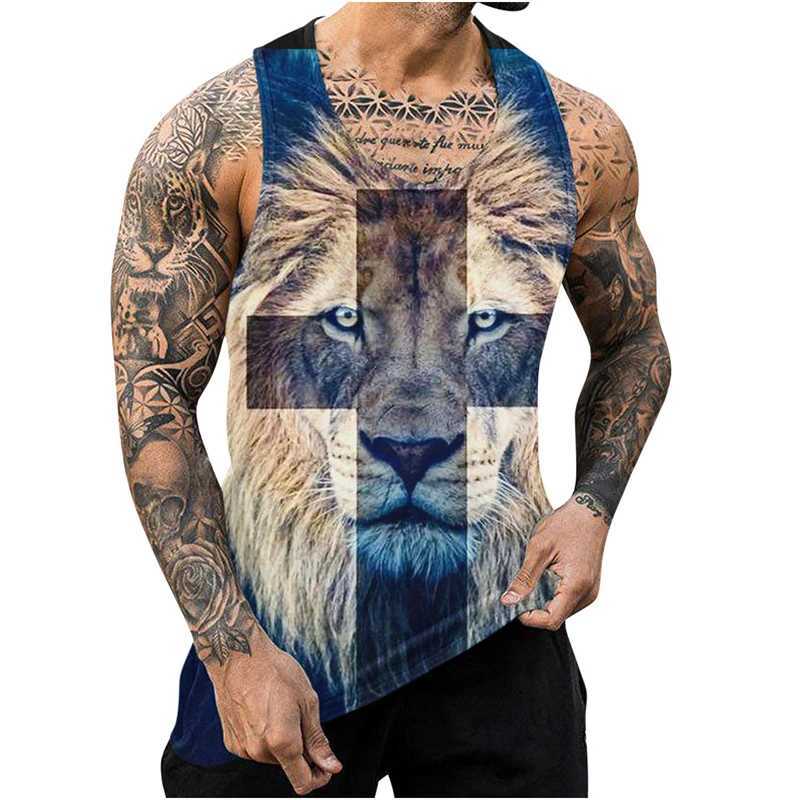 Herentanktops Nieuwe Lion 3D -geprinte heren tanktop Harajuku Animal Wolf Patroon Zomer Top Fitness Gym Spuscle Mouwloze shirtl2404