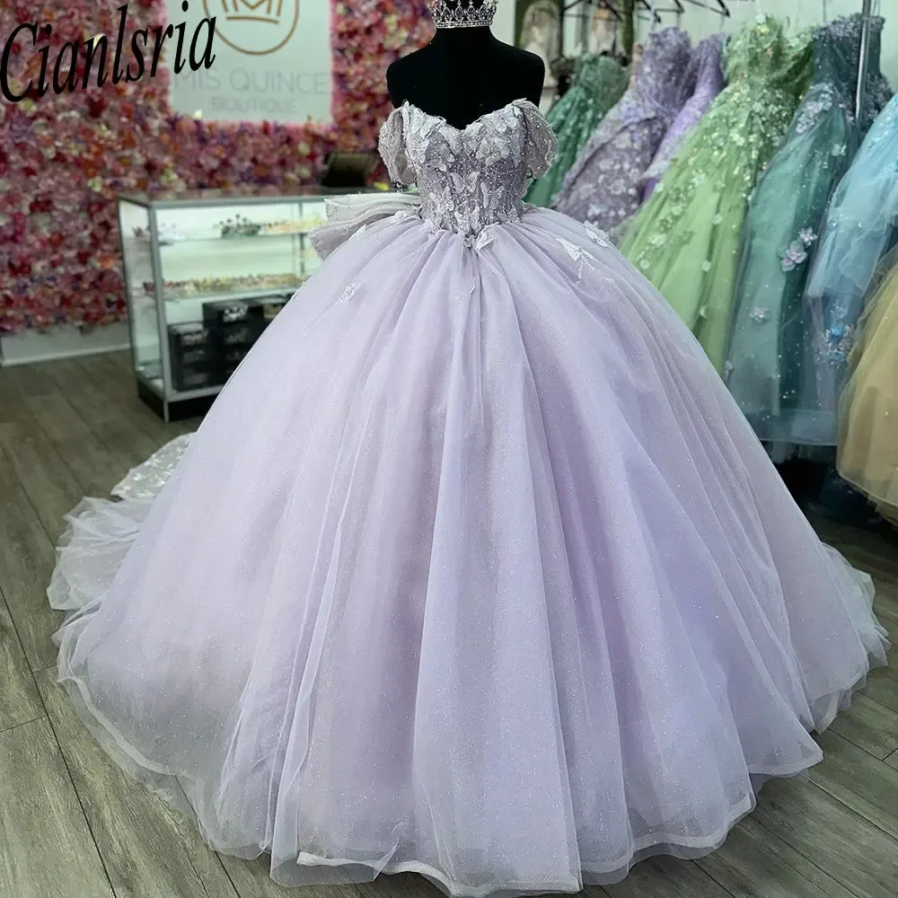 Abito da ballo a base di fila farfalla 3D lilla abiti da quinceanera da corsetto con paillettes di cristallo spalle Sweet 15 Vestidos de 15 Anos