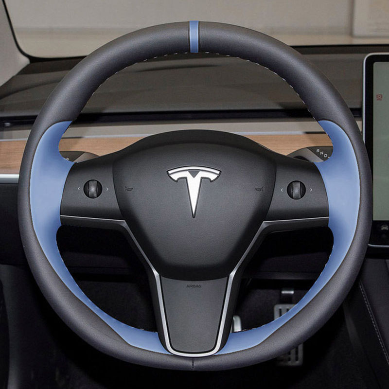 Tesla Modle3 Modley 2019-2023 Car Interior DIY Hand-Stitched Red Red Ungine LeatherNonslip Car Steering Wheelカバーに100％フィット