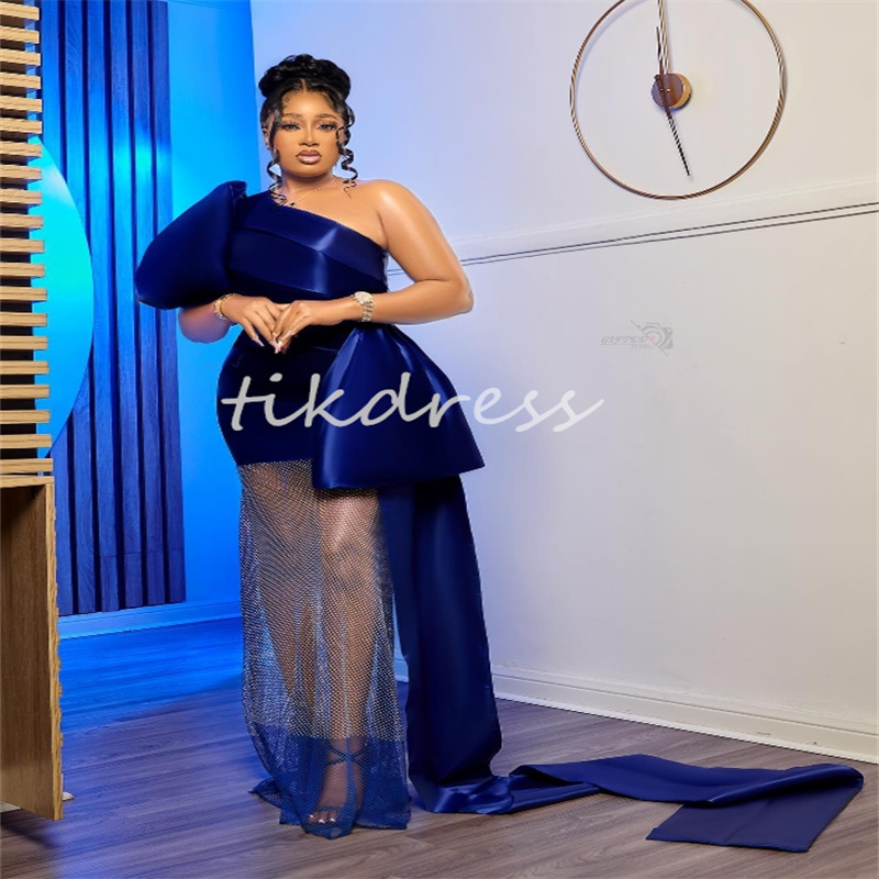 Unieke marineblauwe prom -jurken voor zwarte vrouwen één schouder korte mouw plus size size size jurk aso ebi formele gelegenheid brithdday feest draag zwarte meisjes vestios fiesta