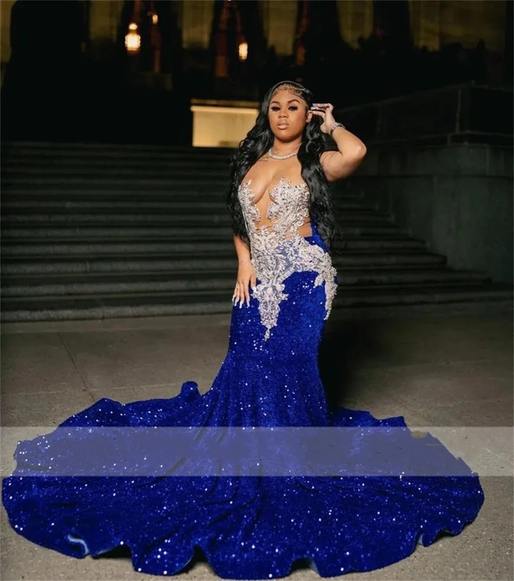 Sparkly Royal Blue Sequined Evening Dresses For African Women Sexy Sheer O-Neck Lace Beaded Formal Party Gowns Plus Size Long Mermaid Second Reception Dress CL3538