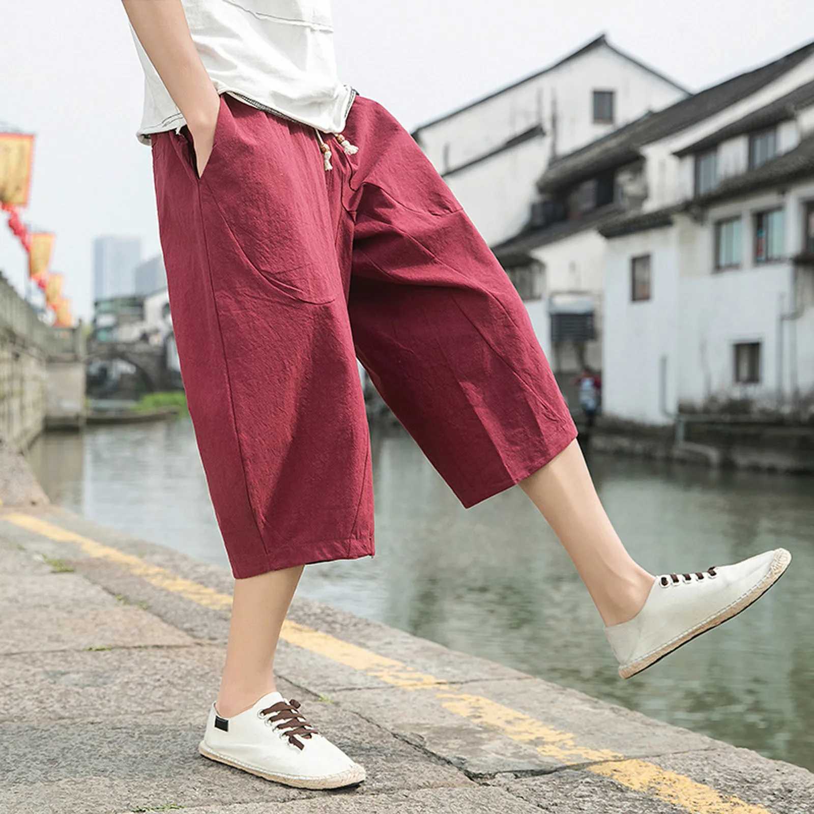 Pantalones cortos para hombres pantalones playa lino de algodón capris pantano pantalón de carga bolsillo de cintura elástica
