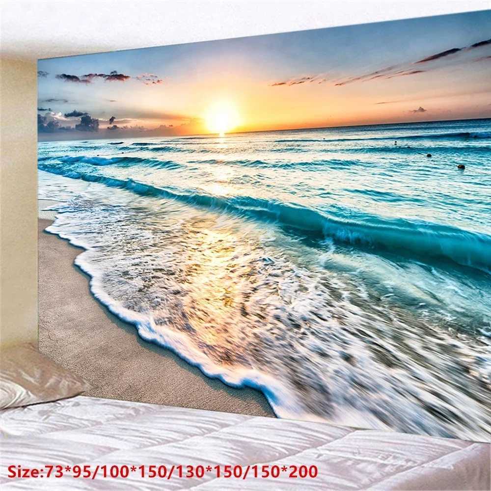 Tapissries Blue Sea Tapestry Classic Landscape Tapestry Sunset Beach Mönster Beach Ocean Wave Home Decor Tapestry Tapiz Pared Tapices