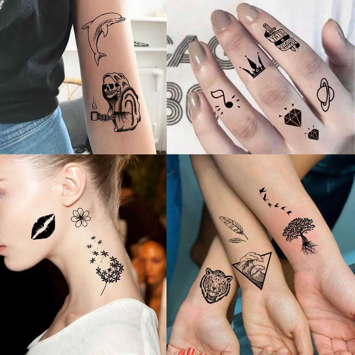 Tattoo overdracht 52 vellen kleine tijdelijke tatoeages voor volwassen handen Tiny Animal Butterfly Tattoo Sticker 3D nepbloem Infinity Leuke tatoeages kits 240427
