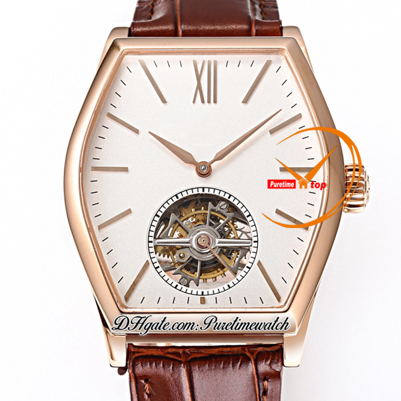 30130 MALTE Real Tourbillon ręcznie Winding Mechanical Mens Watch Rose Gold Case White Stick Dial Brązowy skórzany pasek Super Edition RELOJ HOMBRE Montre PuretimeWatch