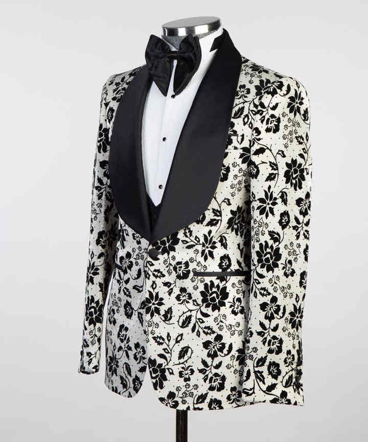 3 pièces Tuxedos de mariage motif de fleurs sur mesure Blazer Châle revers Pantalons Pantalons POCHETS Personnalisez le vesteau Pantalon noir Fashion Prom Part