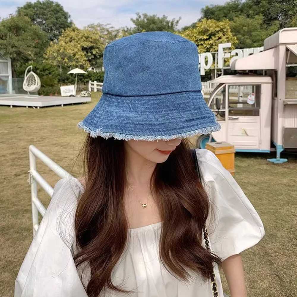 Brede rand hoeden emmer unisex emmer hoed dames zomer zonneschijn panama heren denim stof sunbonnet outdoor visser strand Q240427