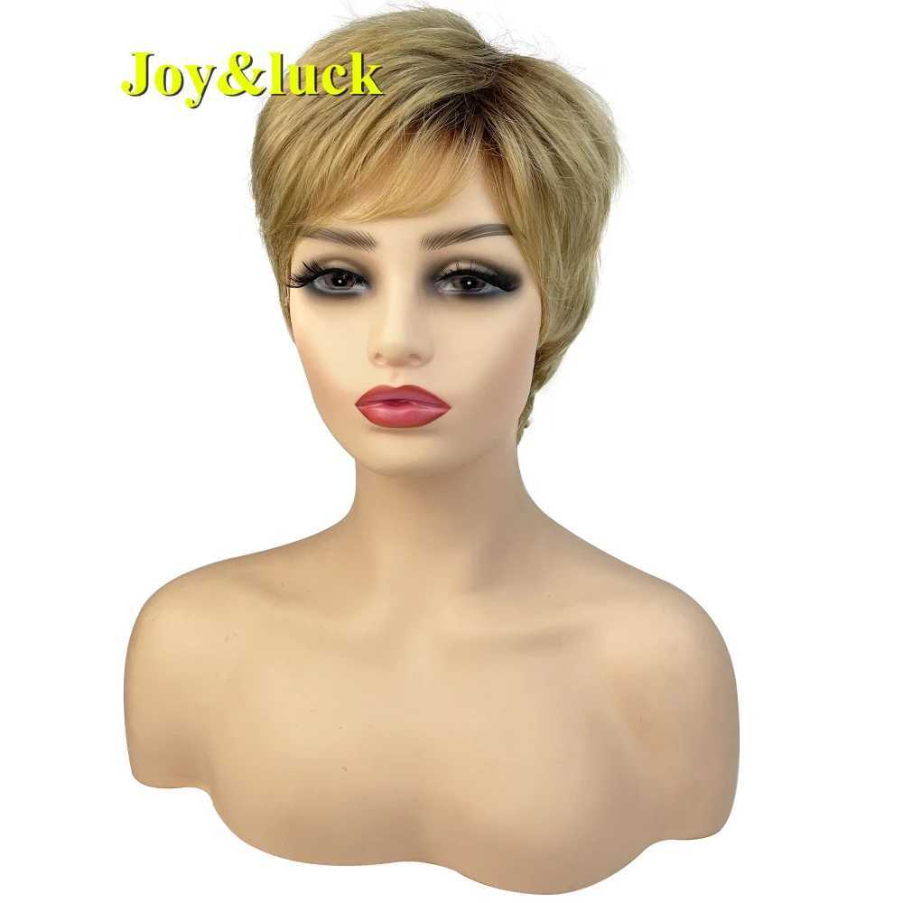 Synthetische pruiken Joy Luck Short Wig Brown Blend Golden Curly Synthetic geschikt voor vrouwen met een pony HiAr Q240427