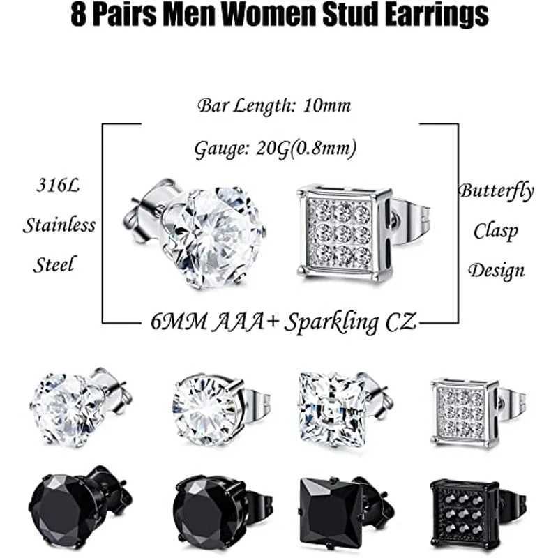 Stud 1-Stainless Steel Cubic Zirconia Stud Earrings Set Unisex Ear Piercing Jewelry for Men and Women 6MM Stylish Simplicity d240426