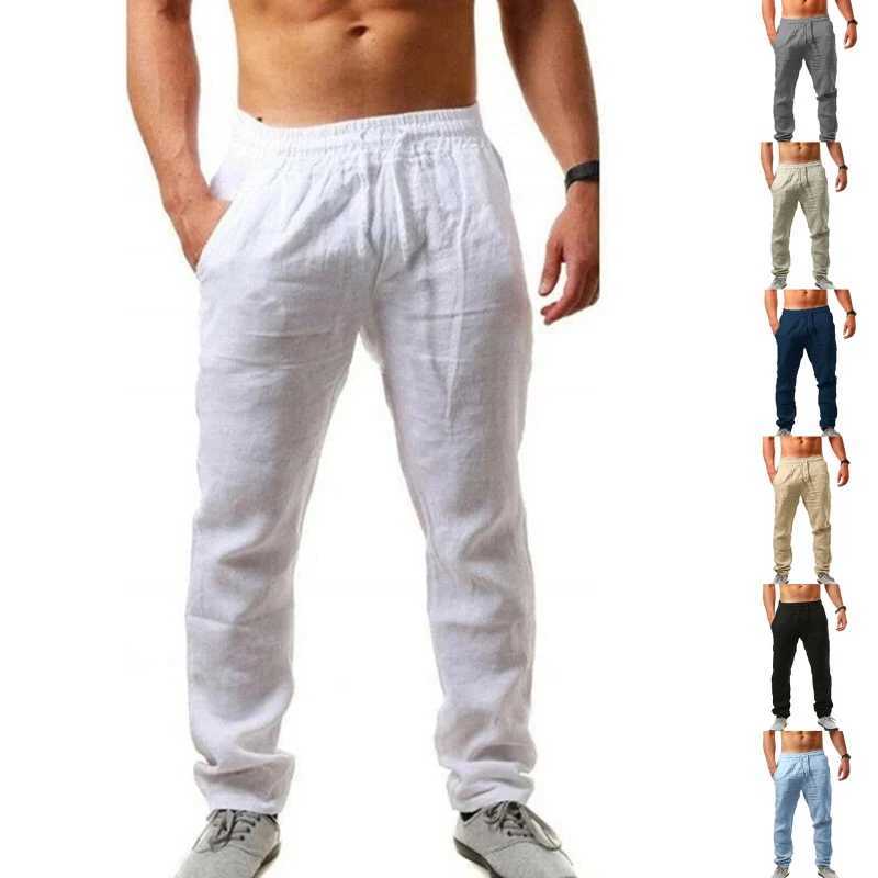 Herrenhosen Herren Hip-Hop Atmungsaktives Baumwoll-Leinen Casual Sportshose High Taille Lace Modable Hose Feste Farbe Komfortable Pantsl2404