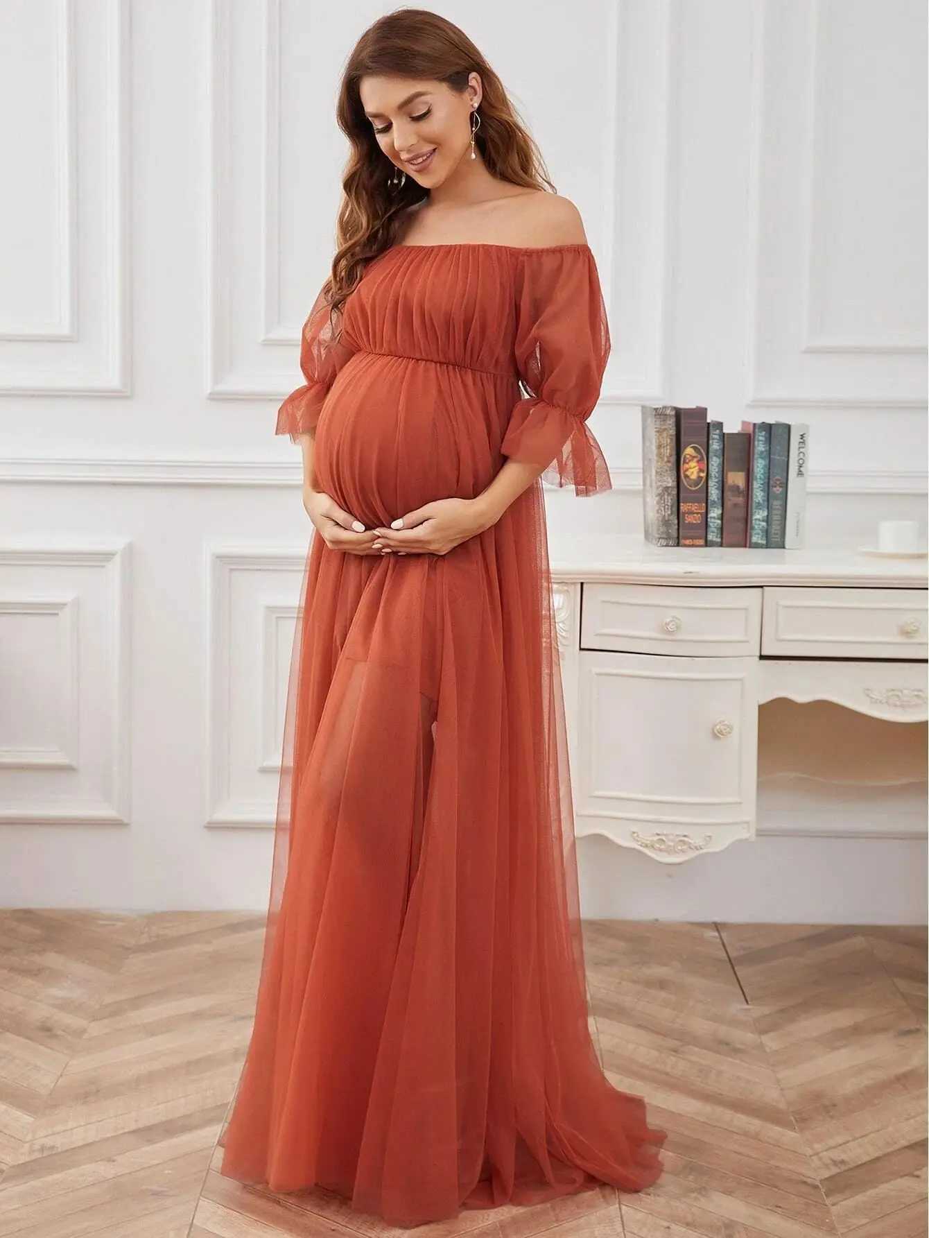 Maternity Dresses Elegant Pregnant Women Photoshots Long Dress Solid Shoulder Evening Party Bride Q240427