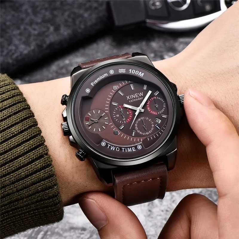 Montre-bracelets Xinew Marque pas cher es pour hommes étudiants Fashion Leather Band Simple Date Quartz Clock Erkek Barato Saat Relogie Masculino Q240426