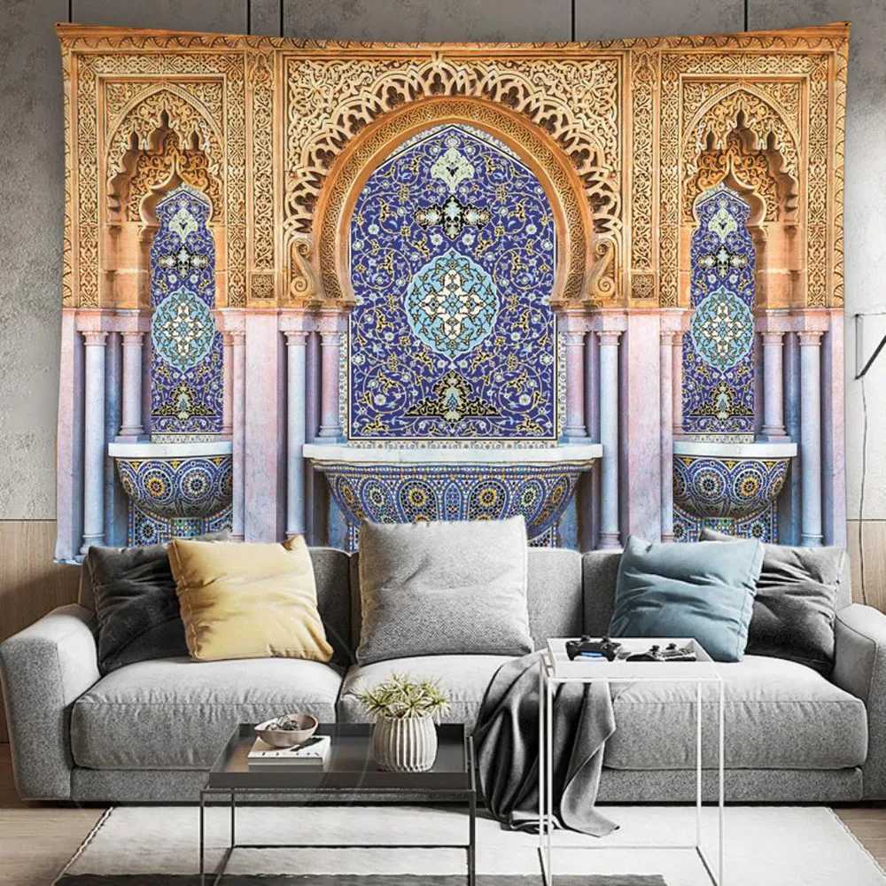 Tapices Tapiz de arquitectura Moroccia Muro colgante Islámico Vintage Geométrico Geométrico Europeo Bohemio Decoración del hogar Tapestry Mural