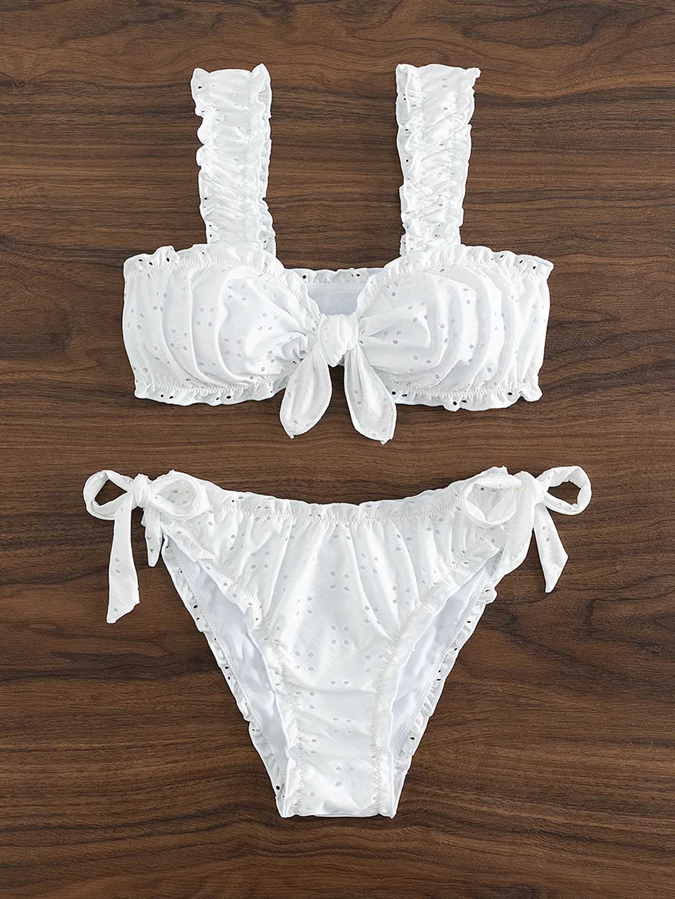 Dames badkleding schiffy knoop front tie side bikini's 2024 witte zwempak vrouwen badmode