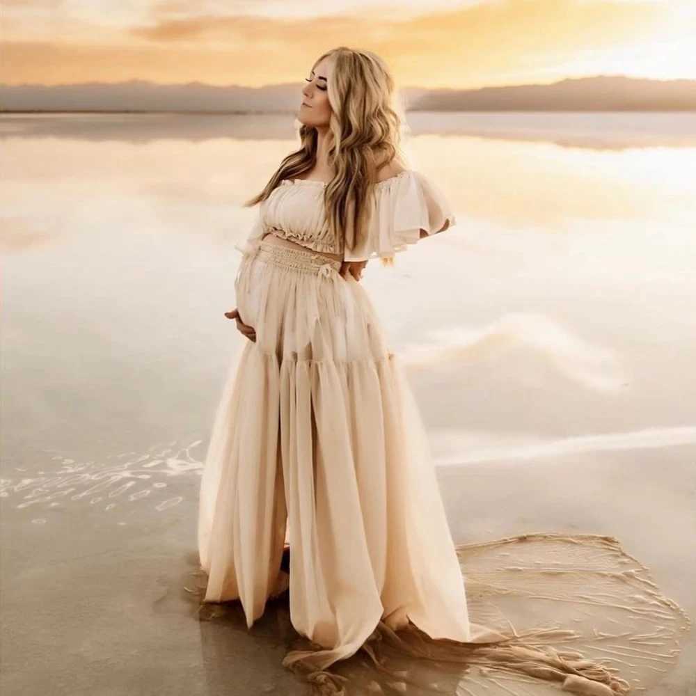Vestidos de maternidad Vestido largo para mujeres para photoshot Chiffon Shoulnes Pleats Semi Transparent Photography Q240427