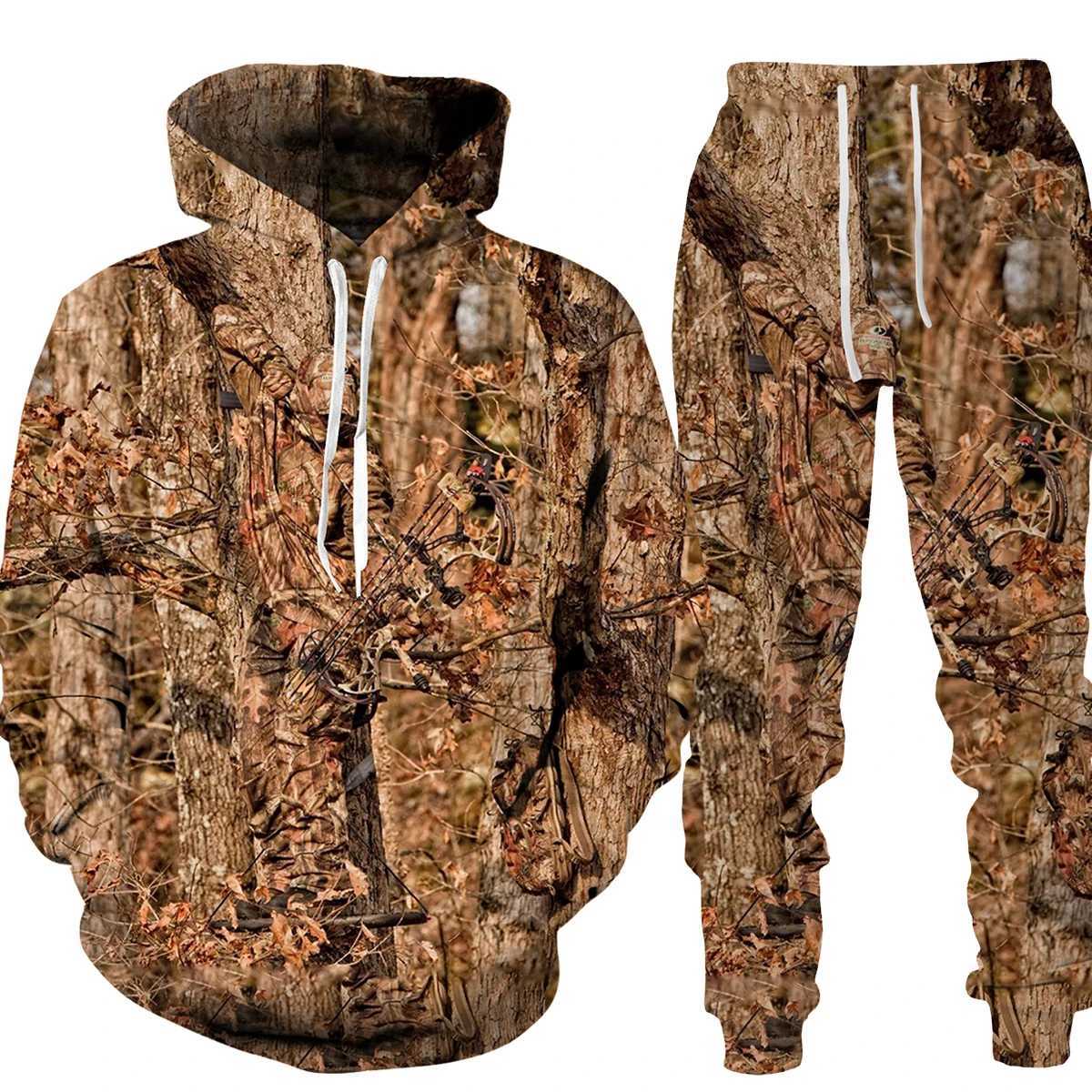 Heren Hoodies Sweatshirts Camouflage Hunting Dier 3D Printing Hapleed Sweatshirt Track en Field 2-delige sportkleding Mens unisex kleding set 240425