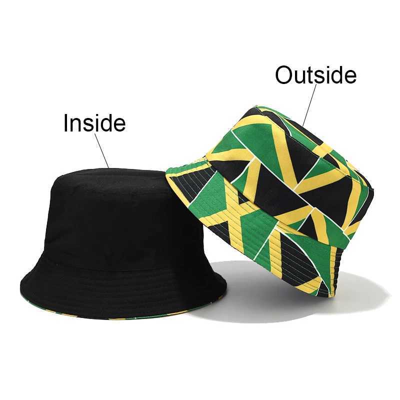 Breda brimhattar Bucket Bocca Jamaica Hat Flag Panama Fisherman Mens and Womens National Tryckt Double Reversible Summer Bob Gorilla Q240427