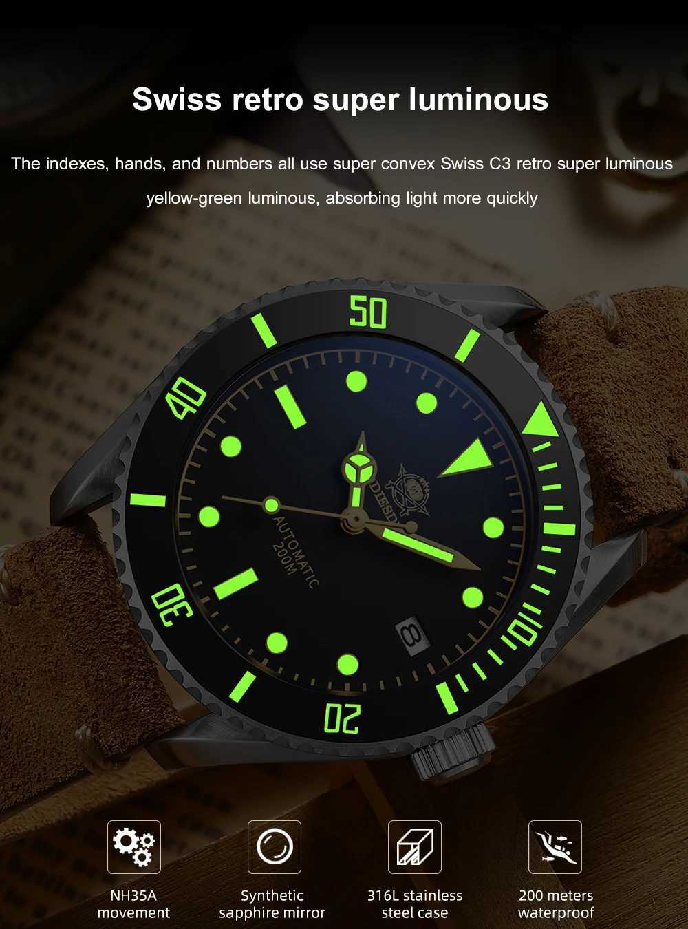 Armbandsur Addiesdive Luxury Mens 200m vattentät automatisk ES NH35 Luminous Ceramic Border Sapphire Watch Steel Q240426