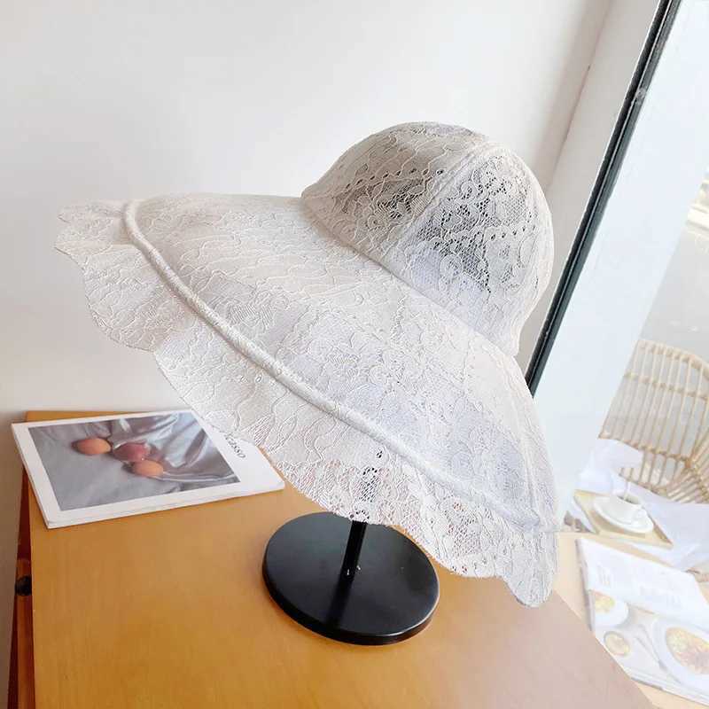 Chapéus de aba larga Balde de verão Lace Sun Hat Womens White Party Wedding Set. Praia Q240427