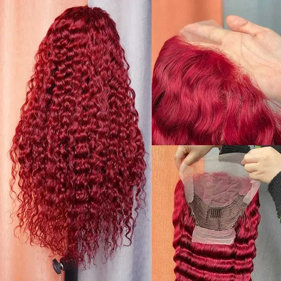 Synthetic Wigs 200 density 13x4 deep curly lace front wig 99J Burgundy 30 32 inches red HD wave human hair Q240427