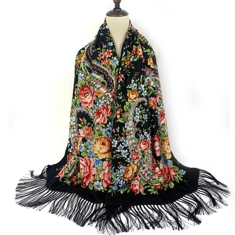 Shawls Russian National Scarf Women Floral Print Bandana Shawl Ethnic Fringed Handkerchief Babushka Hijab Head Wraps Pashmina d240426