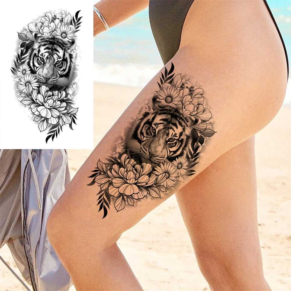 Tattoo Transfer Death Skull Flower Tijdelijke tattoo voor vrouwen Girls Snake Bird Peony Tattoo Sticker Black Fake Blossom Sexy Tatoo Transfer Adult 240427